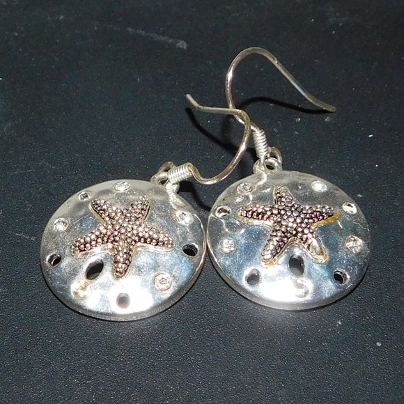 silver tone sand dollar rhinestone earrings - Picture 3 of 4